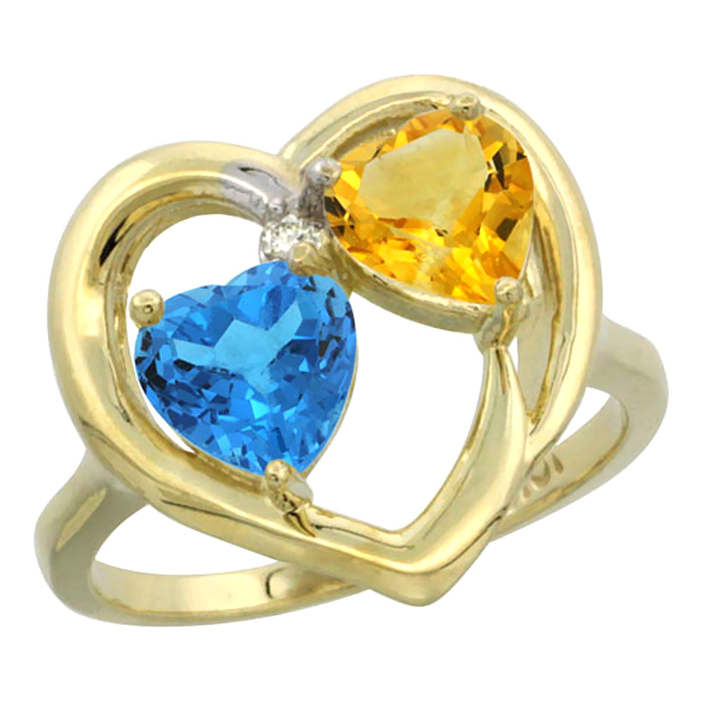 14K Yellow Gold Diamond Two-stone Heart Ring 6mm Natural Swiss Blue Topaz &amp; Citrine, sizes 5-10