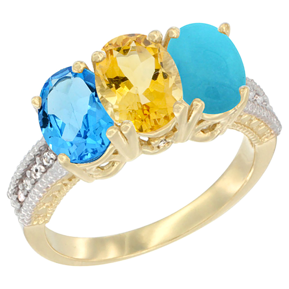 14K Yellow Gold Natural Swiss Blue Topaz, Citrine & Turquoise Ring 3-Stone 7x5 mm Oval Diamond Accent, sizes 5 - 10