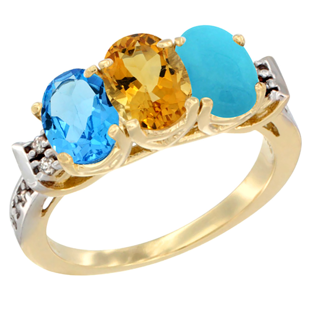 14K Yellow Gold Natural Swiss Blue Topaz, Citrine &amp; Turquoise Ring 3-Stone 7x5 mm Oval Diamond Accent, sizes 5 - 10