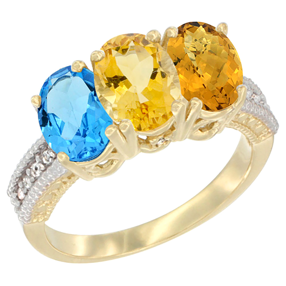 14K Yellow Gold Natural Swiss Blue Topaz, Citrine & Whisky Quartz Ring 3-Stone 7x5 mm Oval Diamond Accent, sizes 5 - 10