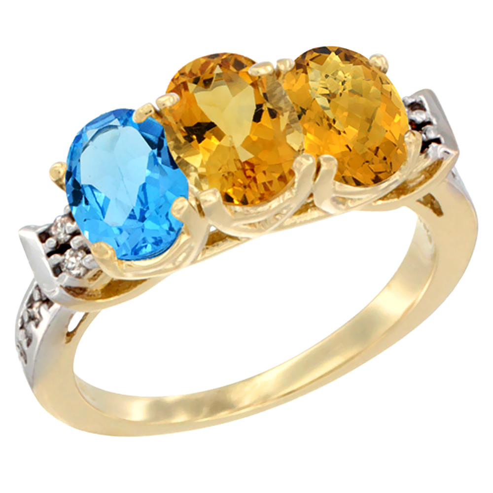 10K Yellow Gold Natural Swiss Blue Topaz, Citrine & Whisky Quartz Ring 3-Stone Oval 7x5 mm Diamond Accent, sizes 5 - 10