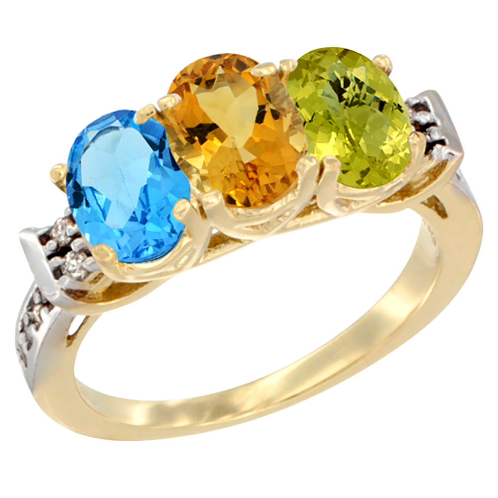 14K Yellow Gold Natural Swiss Blue Topaz, Citrine & Lemon Quartz Ring 3-Stone 7x5 mm Oval Diamond Accent, sizes 5 - 10