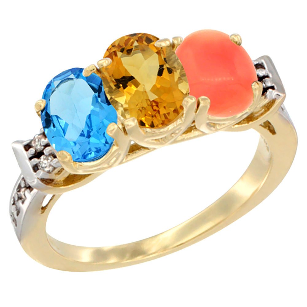 14K Yellow Gold Natural Swiss Blue Topaz, Citrine & Coral Ring 3-Stone 7x5 mm Oval Diamond Accent, sizes 5 - 10