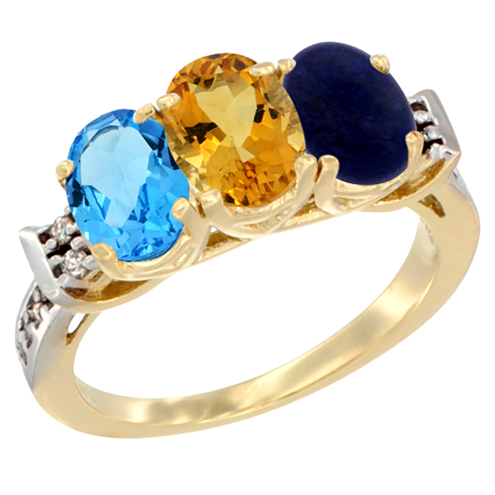 14K Yellow Gold Natural Swiss Blue Topaz, Citrine & Lapis Ring 3-Stone 7x5 mm Oval Diamond Accent, sizes 5 - 10