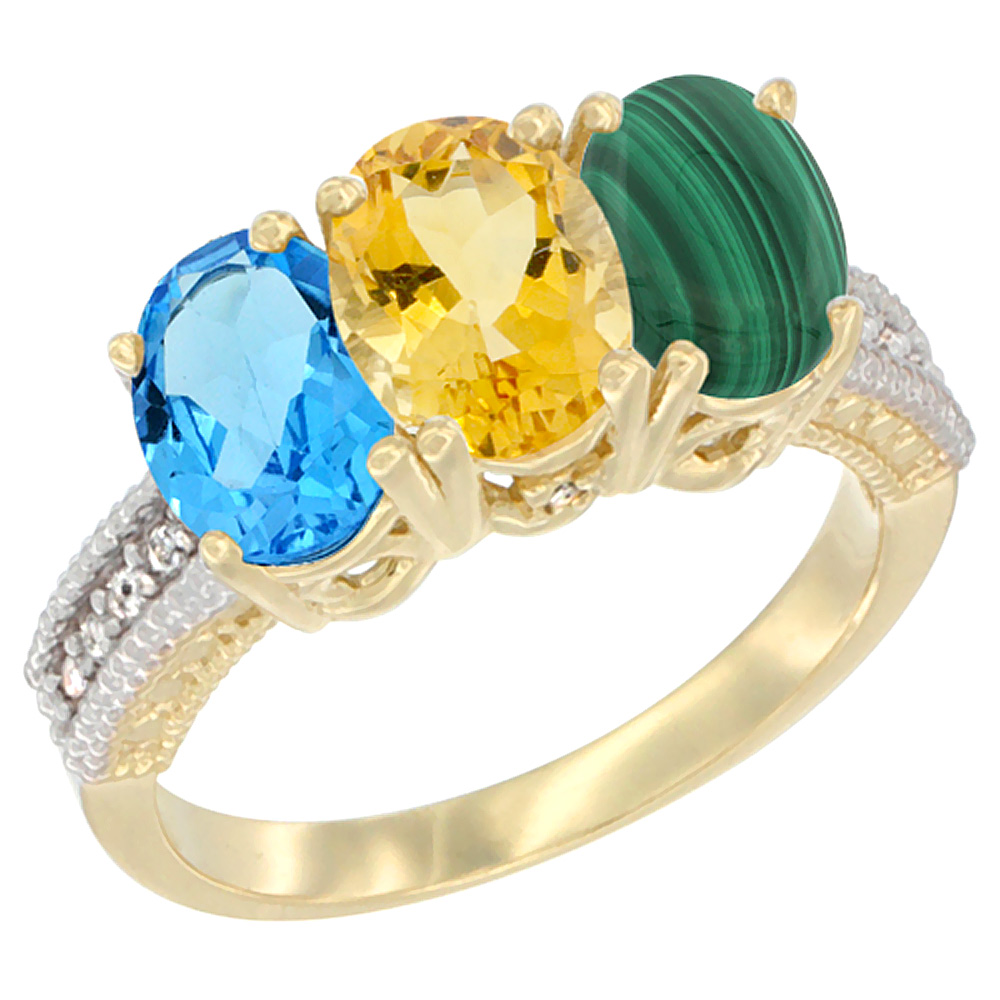 14K Yellow Gold Natural Swiss Blue Topaz, Citrine & Malachite Ring 3-Stone 7x5 mm Oval Diamond Accent, sizes 5 - 10