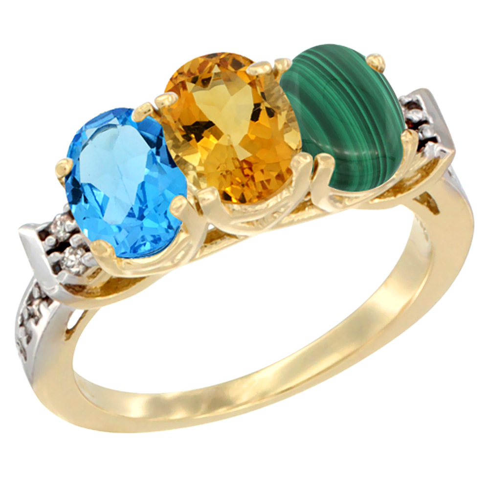 10K Yellow Gold Natural Swiss Blue Topaz, Citrine & Malachite Ring 3-Stone Oval 7x5 mm Diamond Accent, sizes 5 - 10