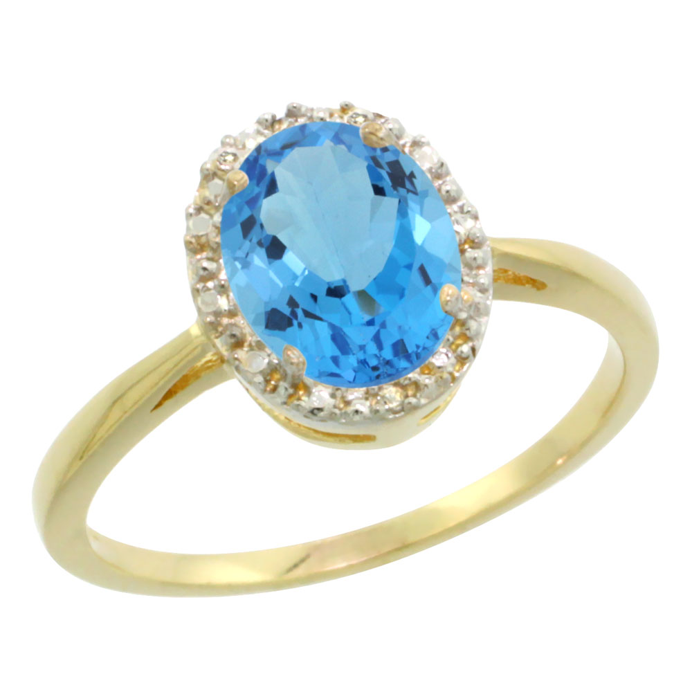 14K Yellow Gold Natural Swiss Blue Topaz Diamond Halo Ring Oval 8X6mm, sizes 5-10