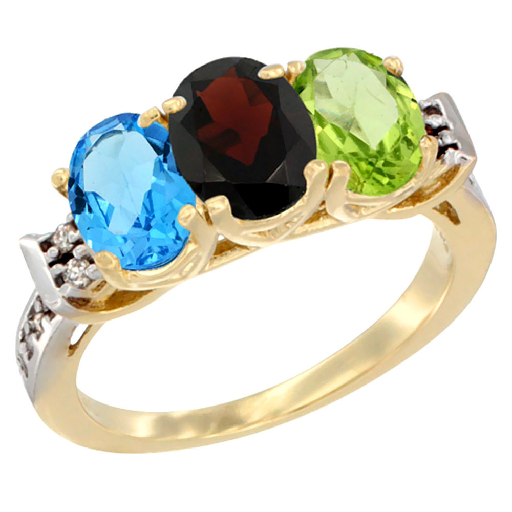 14K Yellow Gold Natural Swiss Blue Topaz, Garnet & Peridot Ring 3-Stone 7x5 mm Oval Diamond Accent, sizes 5 - 10