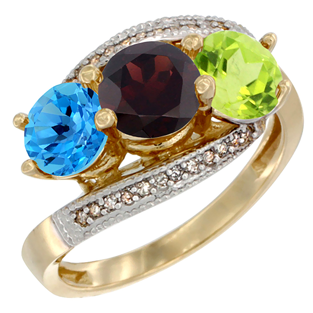 14K Yellow Gold Natural Swiss Blue Topaz, Garnet & Peridot 3 stone Ring Round 6mm Diamond Accent, sizes 5 - 10