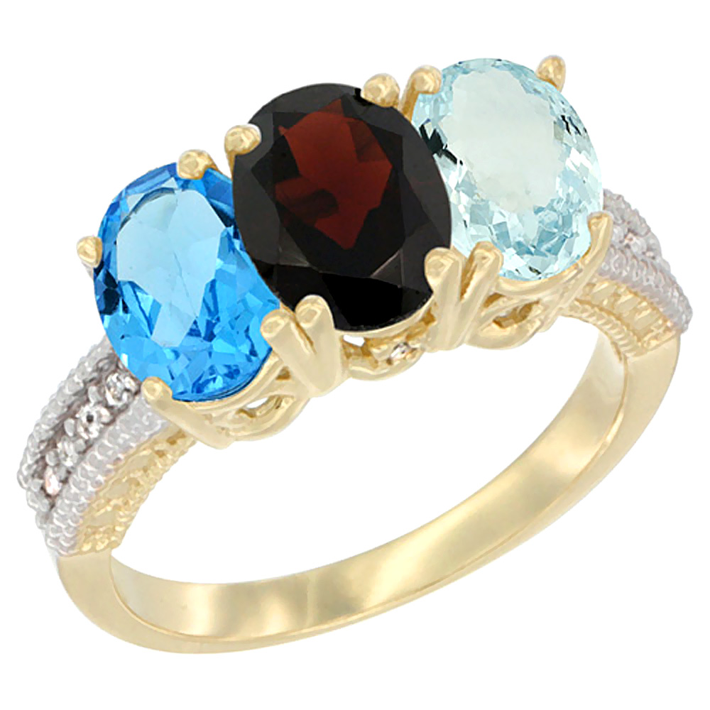 14K Yellow Gold Natural Swiss Blue Topaz, Garnet & Aquamarine Ring 3-Stone 7x5 mm Oval Diamond Accent, sizes 5 - 10