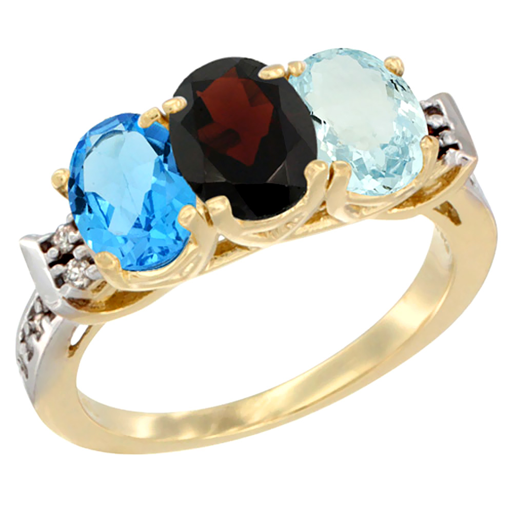 10K Yellow Gold Natural Swiss Blue Topaz, Garnet & Aquamarine Ring 3-Stone Oval 7x5 mm Diamond Accent, sizes 5 - 10