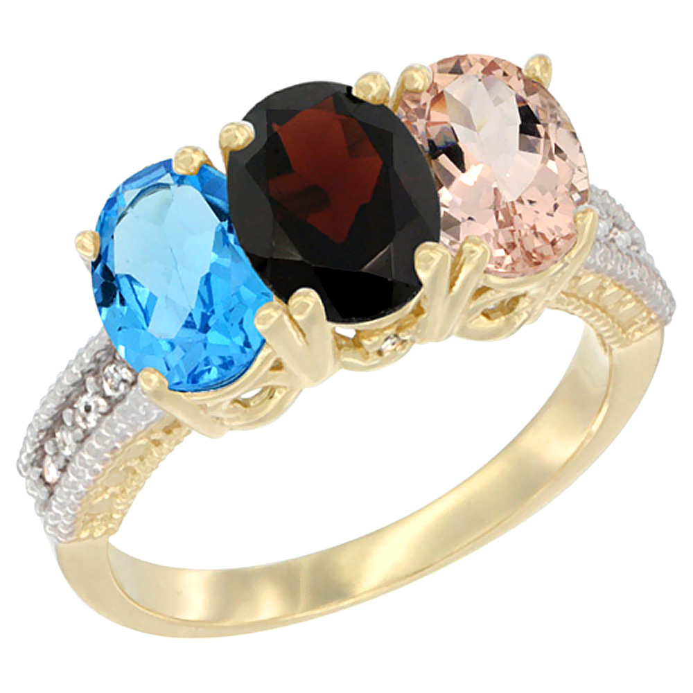 10K Yellow Gold Diamond Natural Swiss Blue Topaz, Garnet & Morganite Ring 3-Stone Oval 7x5 mm, sizes 5 - 10