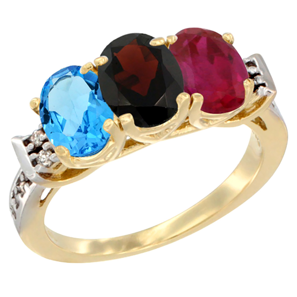 10K Yellow Gold Natural Swiss Blue Topaz, Garnet & Enhanced Ruby Ring 3-Stone Oval 7x5 mm Diamond Accent, sizes 5 - 10