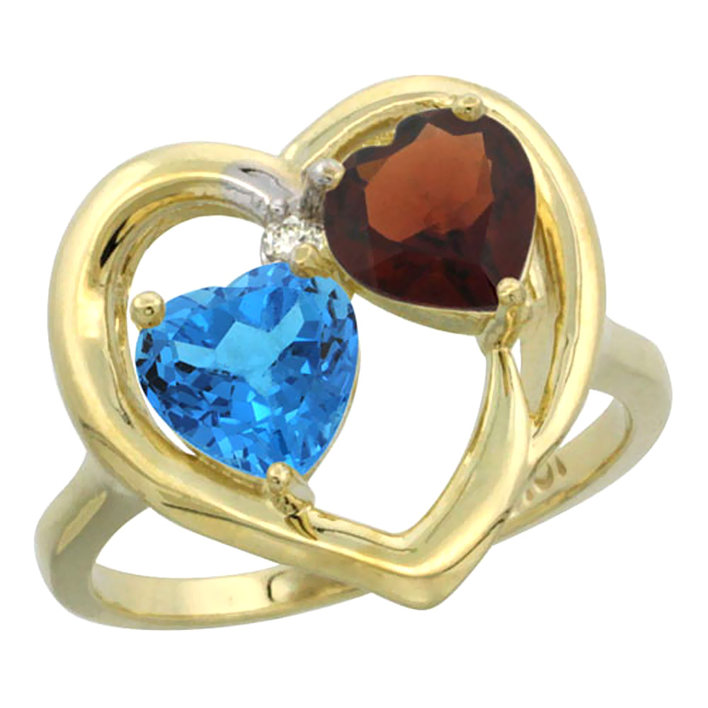 14K Yellow Gold Diamond Two-stone Heart Ring 6mm Natural Swiss Blue Topaz & Garnet, sizes 5-10