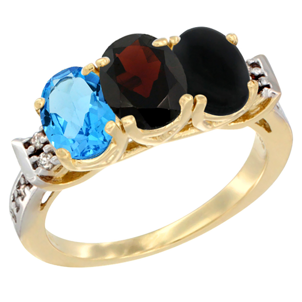 10K Yellow Gold Natural Swiss Blue Topaz, Garnet & Black Onyx Ring 3-Stone Oval 7x5 mm Diamond Accent, sizes 5 - 10