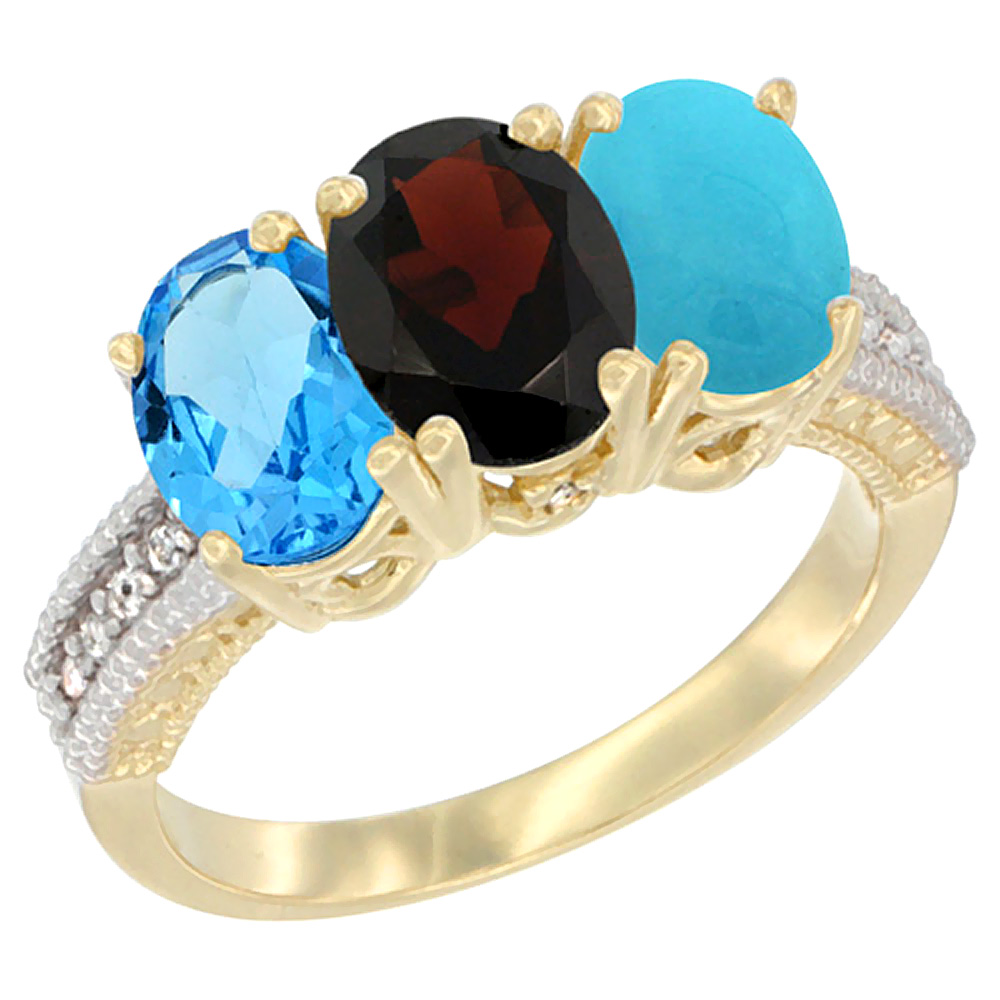 14K Yellow Gold Natural Swiss Blue Topaz, Garnet & Turquoise Ring 3-Stone 7x5 mm Oval Diamond Accent, sizes 5 - 10