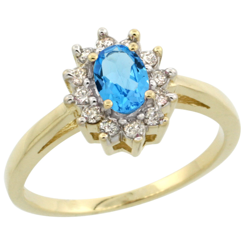 10K Yellow Gold Genuine Blue Topaz Flower Diamond Halo Ring Oval 6x4 mm sizes 5-10