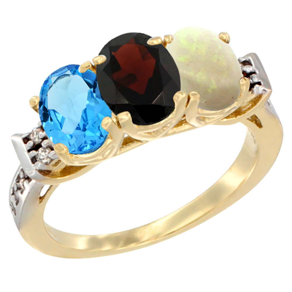 10K Yellow Gold Natural Swiss Blue Topaz, Garnet & Opal Ring 3-Stone Oval 7x5 mm Diamond Accent, sizes 5 - 10