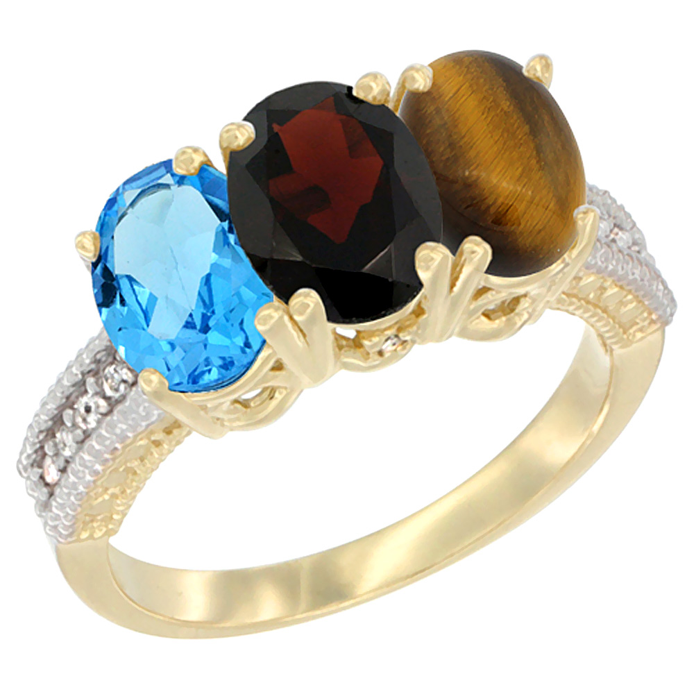 14K Yellow Gold Natural Swiss Blue Topaz, Garnet & Tiger Eye Ring 3-Stone 7x5 mm Oval Diamond Accent, sizes 5 - 10