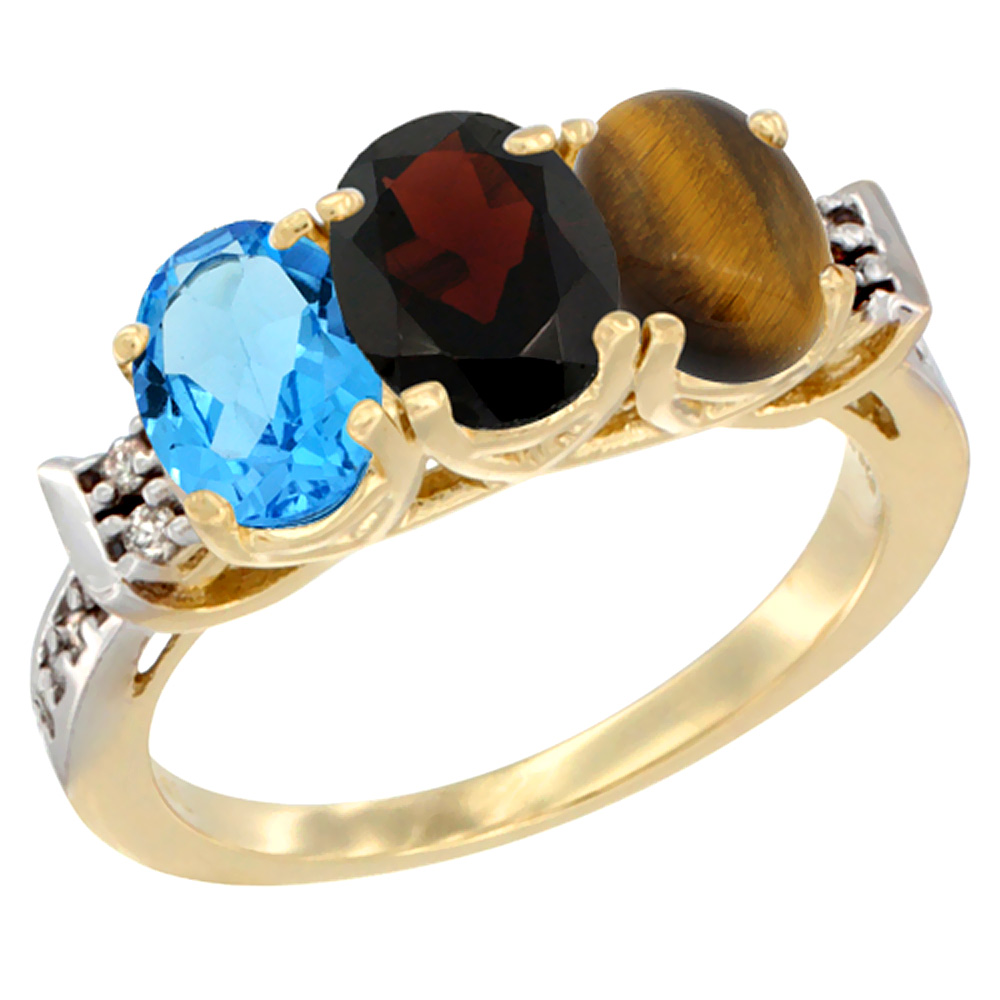 10K Yellow Gold Natural Swiss Blue Topaz, Garnet & Tiger Eye Ring 3-Stone Oval 7x5 mm Diamond Accent, sizes 5 - 10