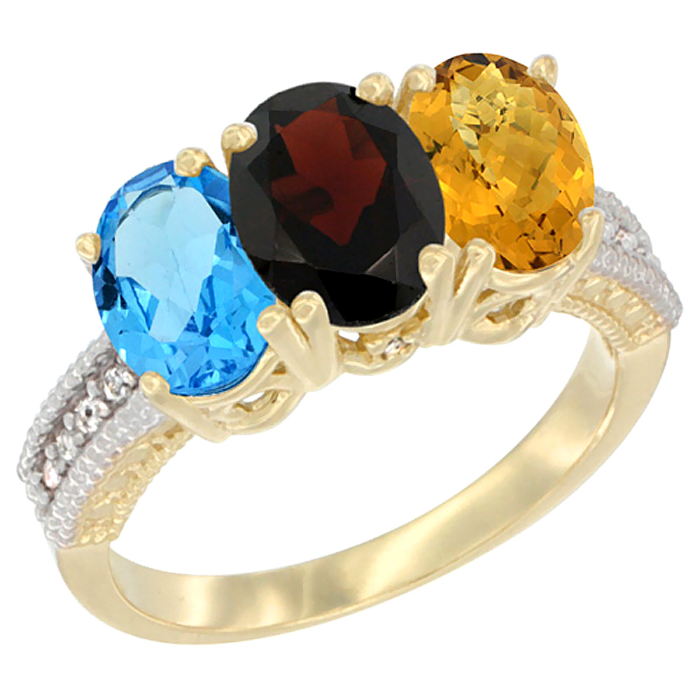 14K Yellow Gold Natural Swiss Blue Topaz, Garnet & Whisky Quartz Ring 3-Stone 7x5 mm Oval Diamond Accent, sizes 5 - 10