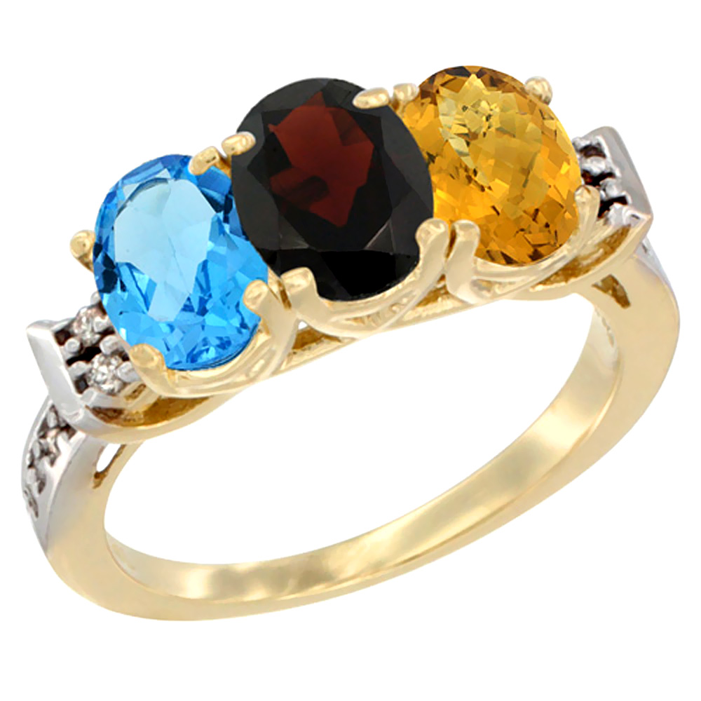 10K Yellow Gold Natural Swiss Blue Topaz, Garnet & Whisky Quartz Ring 3-Stone Oval 7x5 mm Diamond Accent, sizes 5 - 10