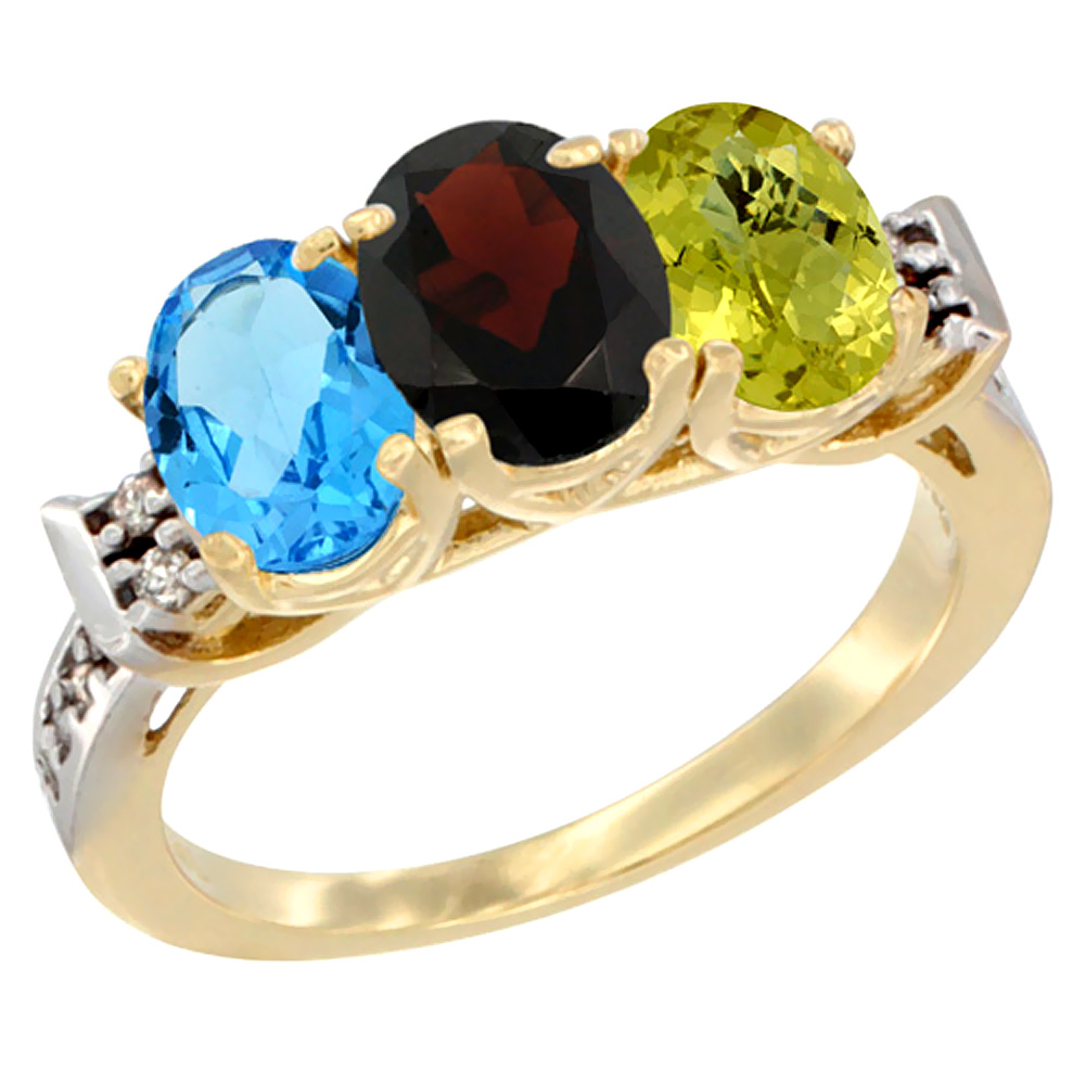 10K Yellow Gold Natural Swiss Blue Topaz, Garnet & Lemon Quartz Ring 3-Stone Oval 7x5 mm Diamond Accent, sizes 5 - 10