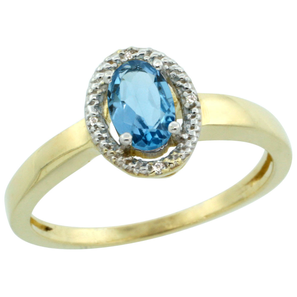 10K Yellow Gold Diamond Halo Genuine Blue Topaz Engagement Ring Oval 6X4 mm sizes 5-10