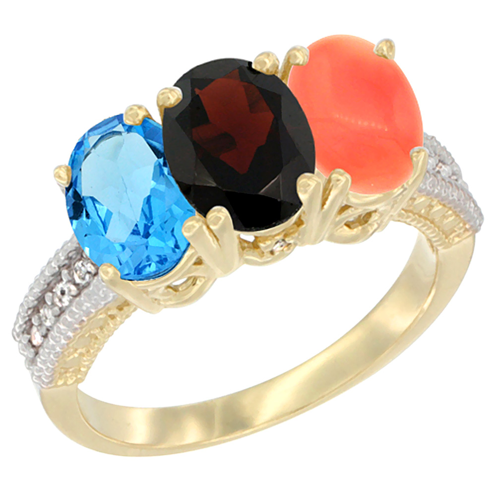 14K Yellow Gold Natural Swiss Blue Topaz, Garnet &amp; Coral Ring 3-Stone 7x5 mm Oval Diamond Accent, sizes 5 - 10