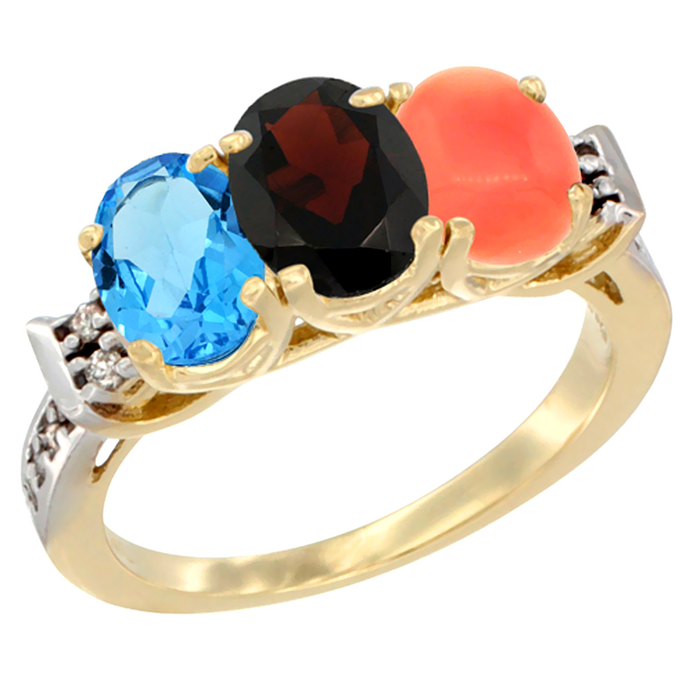 14K Yellow Gold Natural Swiss Blue Topaz, Garnet & Coral Ring 3-Stone 7x5 mm Oval Diamond Accent, sizes 5 - 10