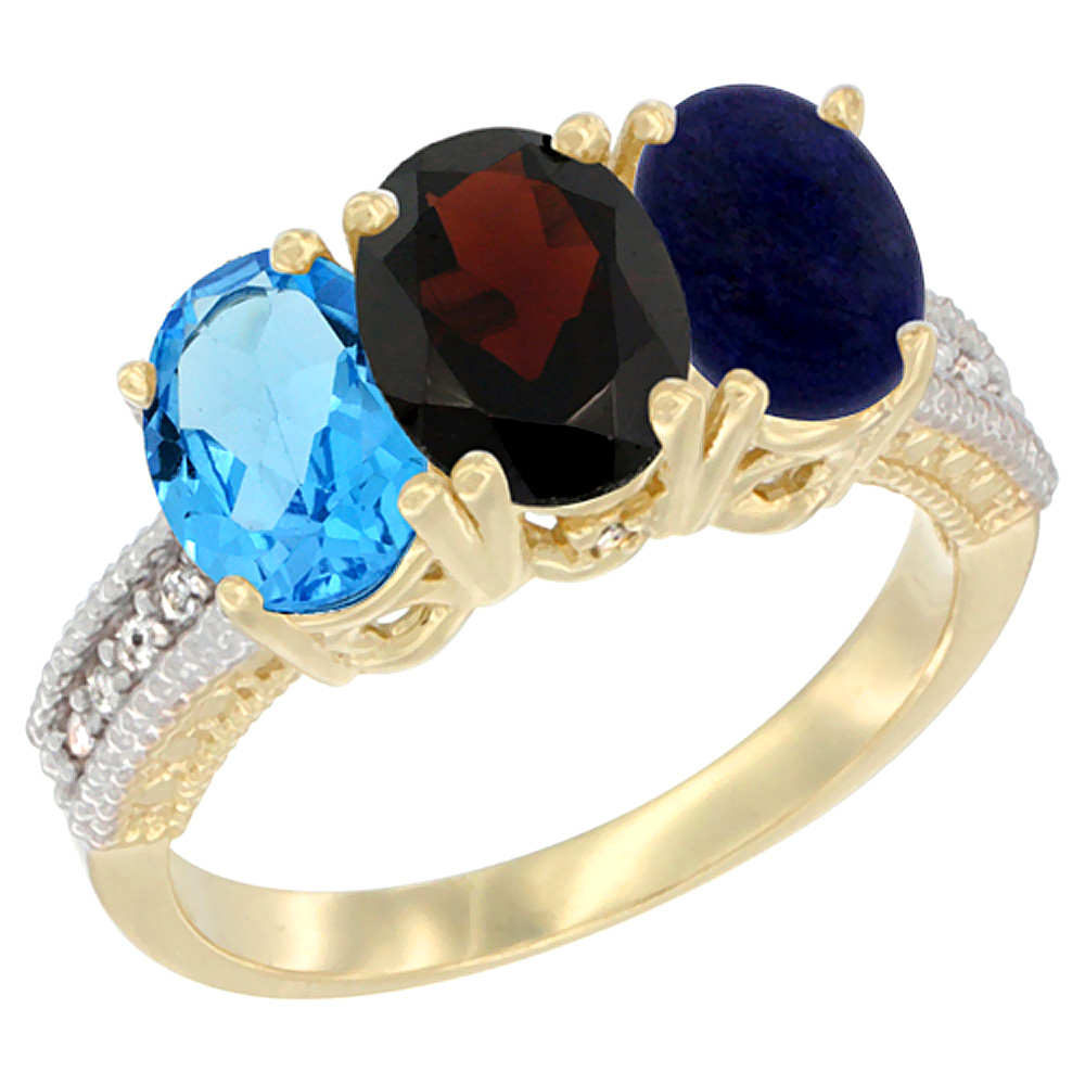 10K Yellow Gold Diamond Natural Swiss Blue Topaz, Garnet & Lapis Ring 3-Stone Oval 7x5 mm, sizes 5 - 10