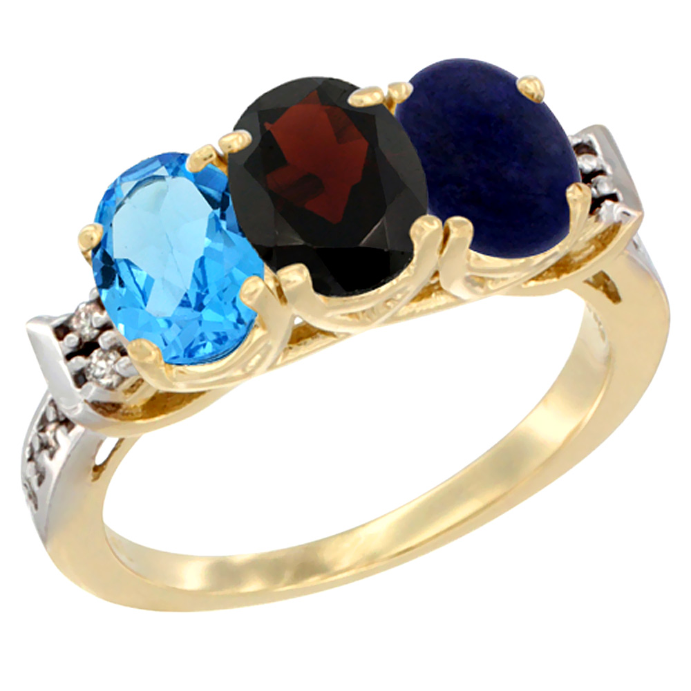 10K Yellow Gold Natural Swiss Blue Topaz, Garnet & Lapis Ring 3-Stone Oval 7x5 mm Diamond Accent, sizes 5 - 10