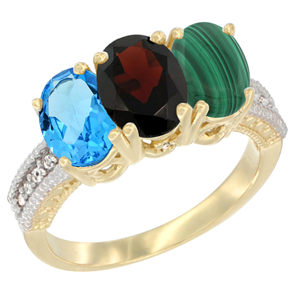 14K Yellow Gold Natural Swiss Blue Topaz, Garnet &amp; Malachite Ring 3-Stone 7x5 mm Oval Diamond Accent, sizes 5 - 10