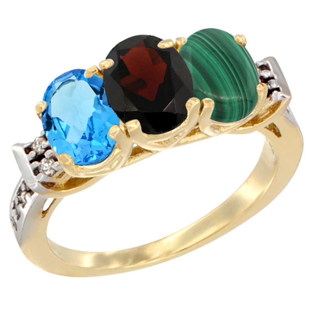 10K Yellow Gold Natural Swiss Blue Topaz, Garnet & Malachite Ring 3-Stone Oval 7x5 mm Diamond Accent, sizes 5 - 10