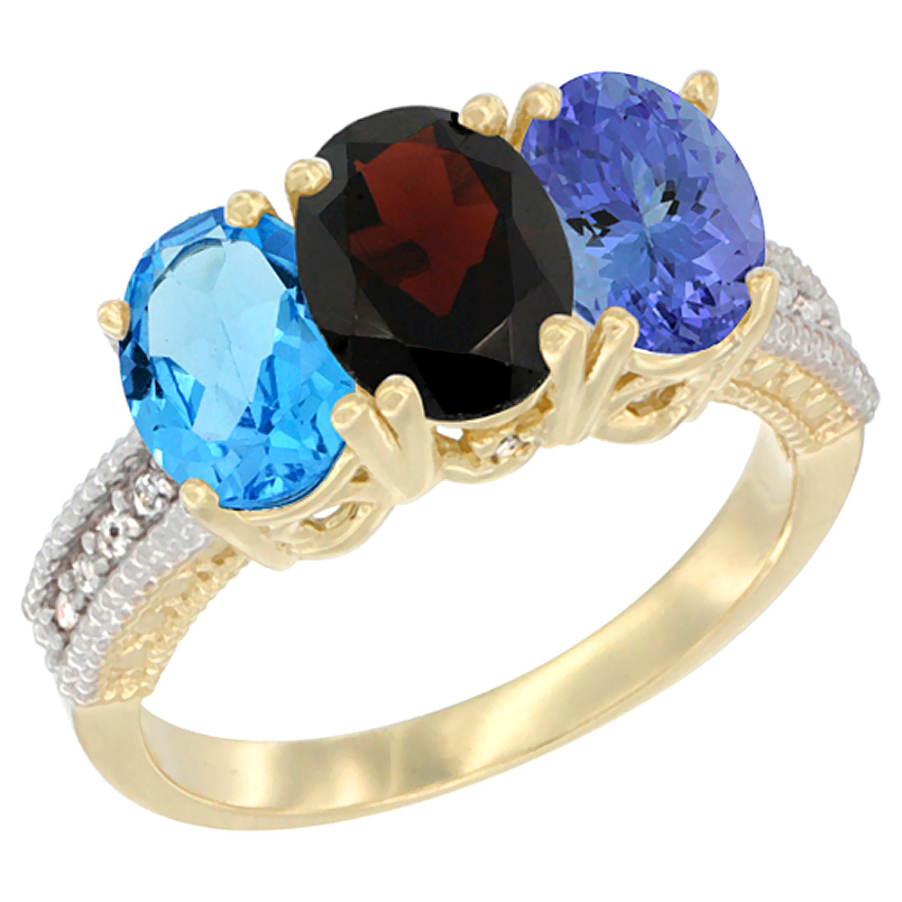 14K Yellow Gold Natural Swiss Blue Topaz, Garnet &amp; Tanzanite Ring 3-Stone 7x5 mm Oval Diamond Accent, sizes 5 - 10