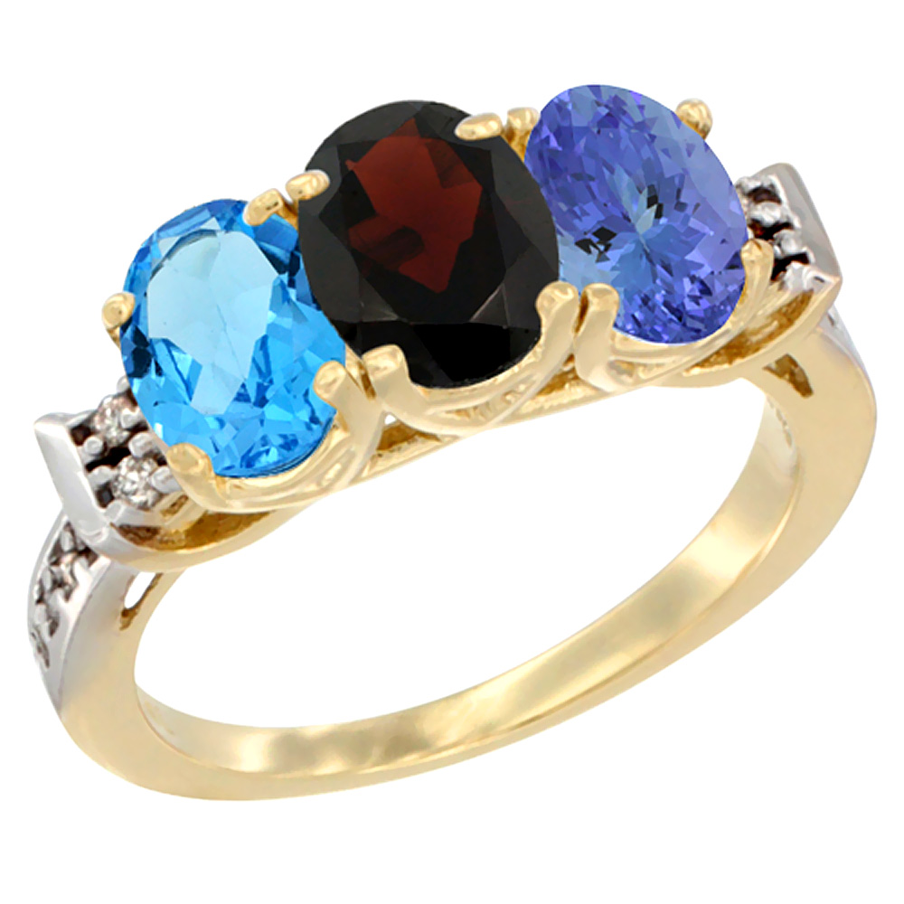 10K Yellow Gold Natural Swiss Blue Topaz, Garnet & Tanzanite Ring 3-Stone Oval 7x5 mm Diamond Accent, sizes 5 - 10