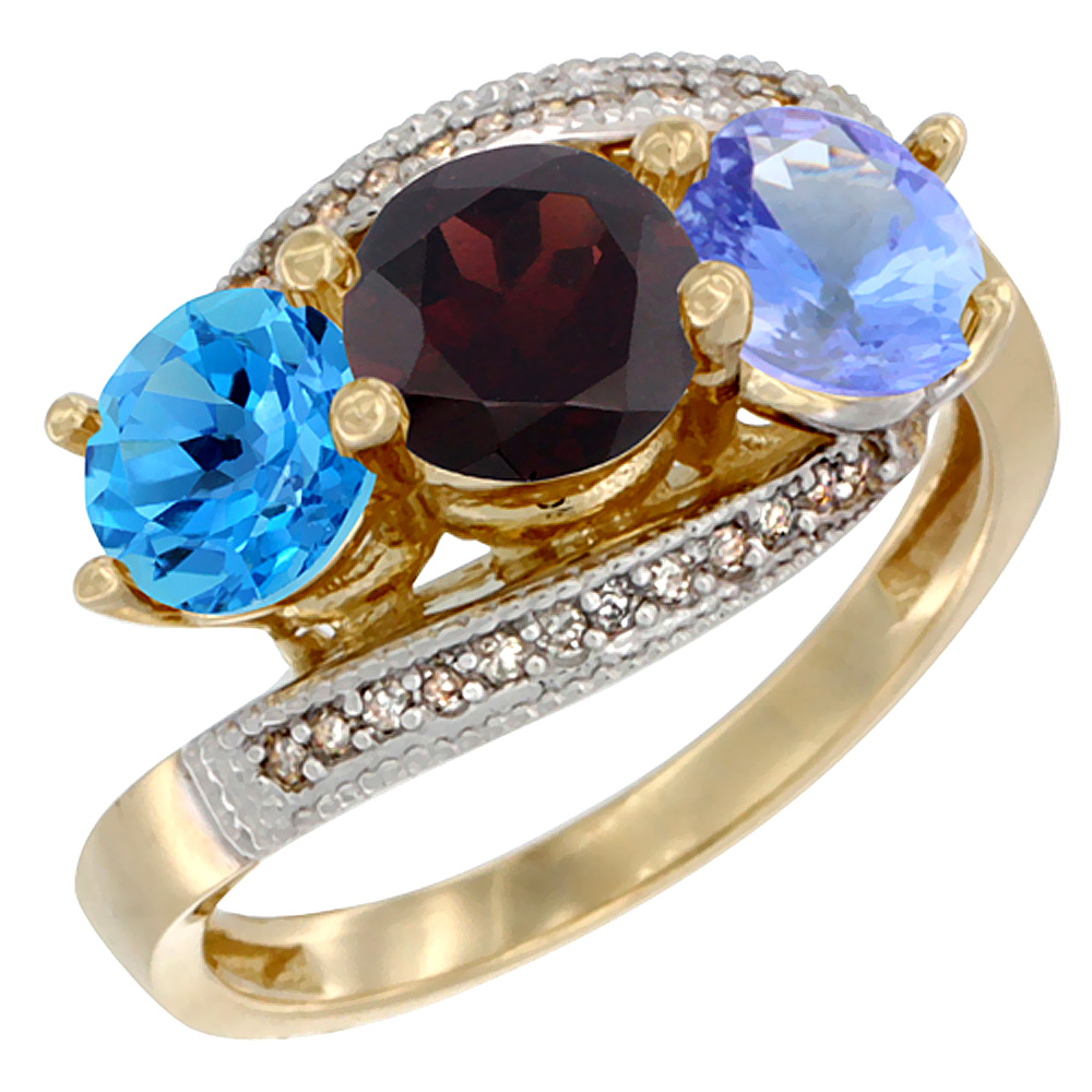 10K Yellow Gold Natural Swiss Blue Topaz, Garnet &amp; Tanzanite 3 stone Ring Round 6mm Diamond Accent, sizes 5 - 10