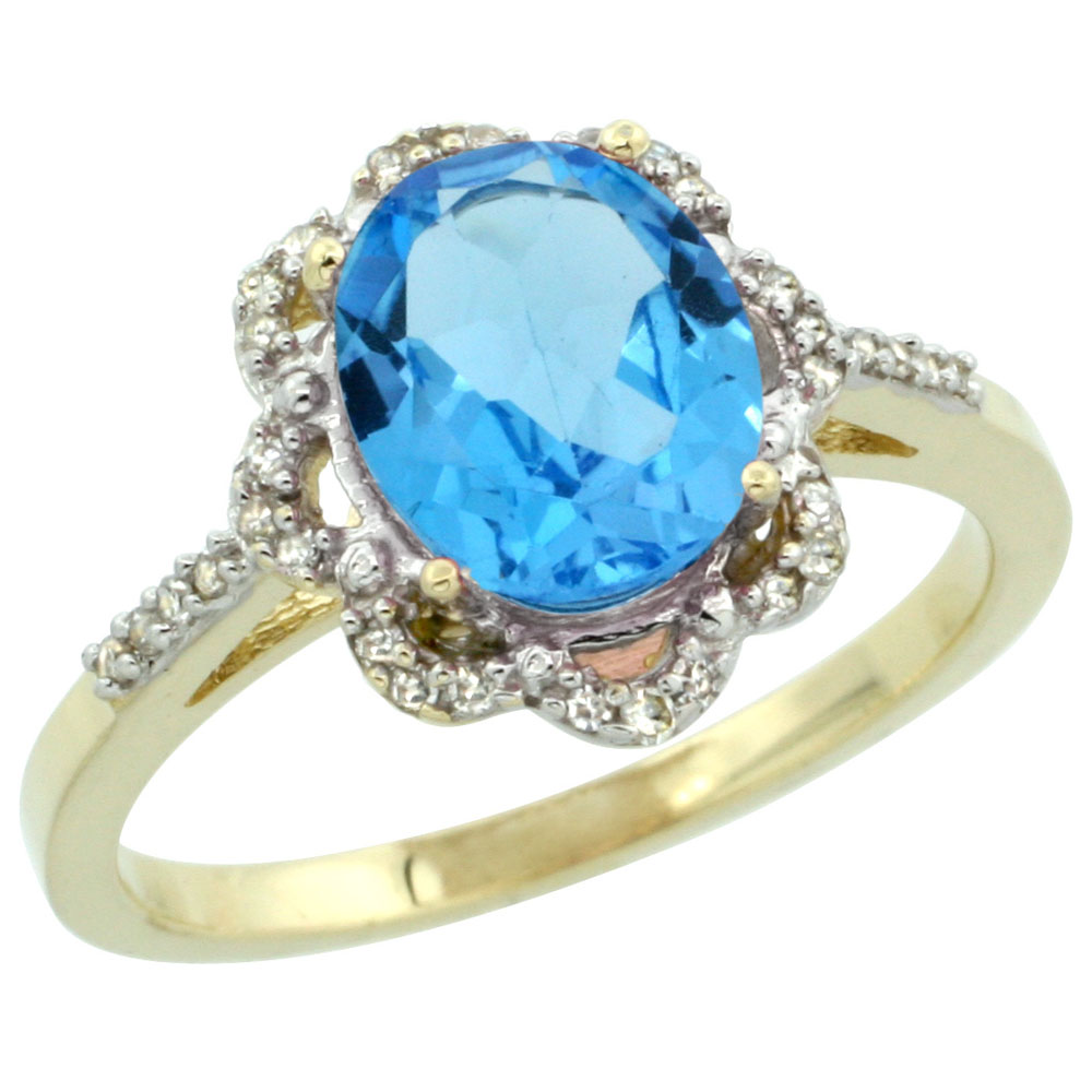 14K Yellow Gold Diamond Halo Natural Swiss Blue Topaz Engagement Ring Oval 9x7mm, sizes 5-10