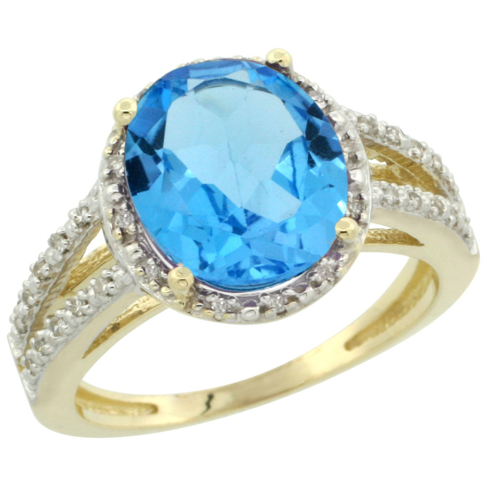 14K Yellow Gold Natural Swiss Blue Topaz Diamond Halo Ring Oval 11x9mm, sizes 5-10