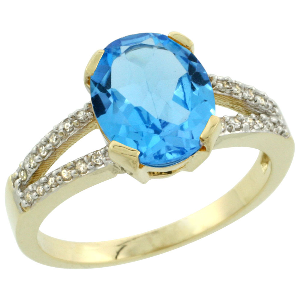 10K Yellow Gold Diamond Genuine Blue Topaz Engagement Ring Oval 10x8mm sizes 5-10