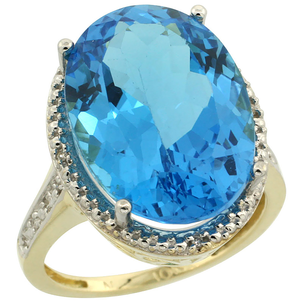 14K Yellow Gold Diamond Natural Swiss Blue Topaz Ring Oval 18x13mm, sizes 5-10