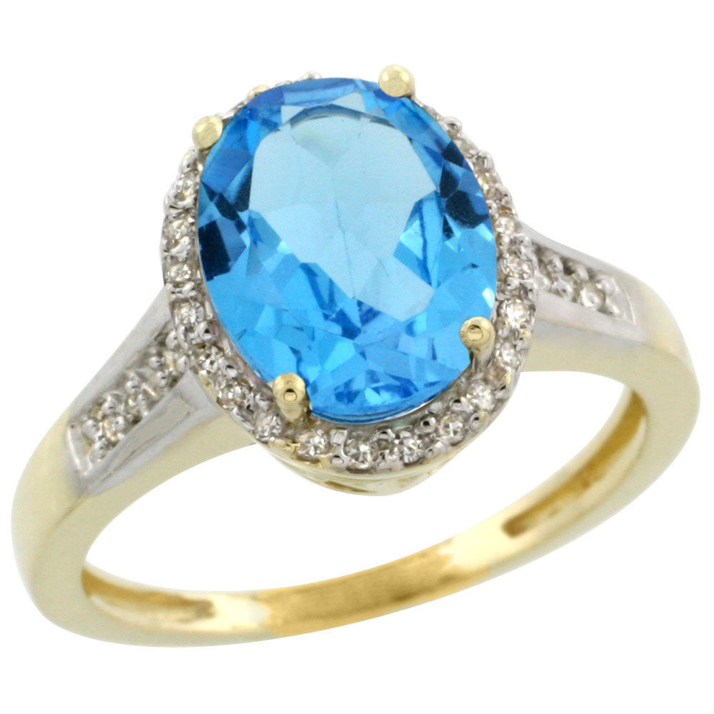 10K Yellow Gold Diamond Genuine Blue Topaz Engagement Ring Halo Oval 10x8mm sizes 5-10