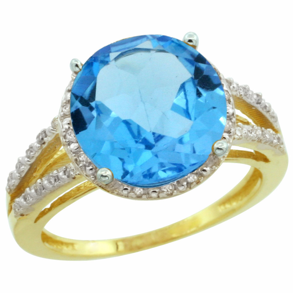 14K Yellow Gold Diamond Natural Swiss Blue Topaz Ring Round 11mm, sizes 5-10