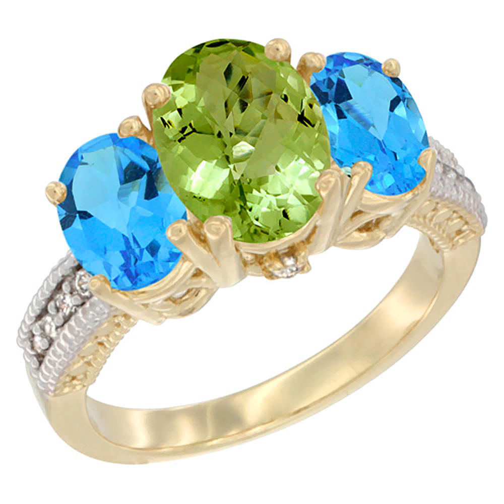 14K Yellow Gold Diamond Natural Peridot Ring 3-Stone Oval 8x6mm with Swiss Blue Topaz, sizes5-10