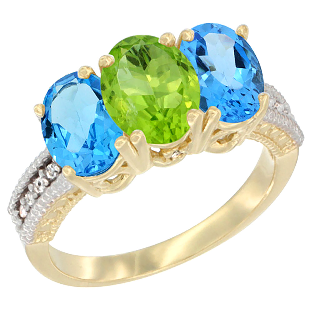 14K Yellow Gold Natural Peridot & Swiss Blue Topaz Sides Ring 3-Stone 7x5 mm Oval Diamond Accent, sizes 5 - 10