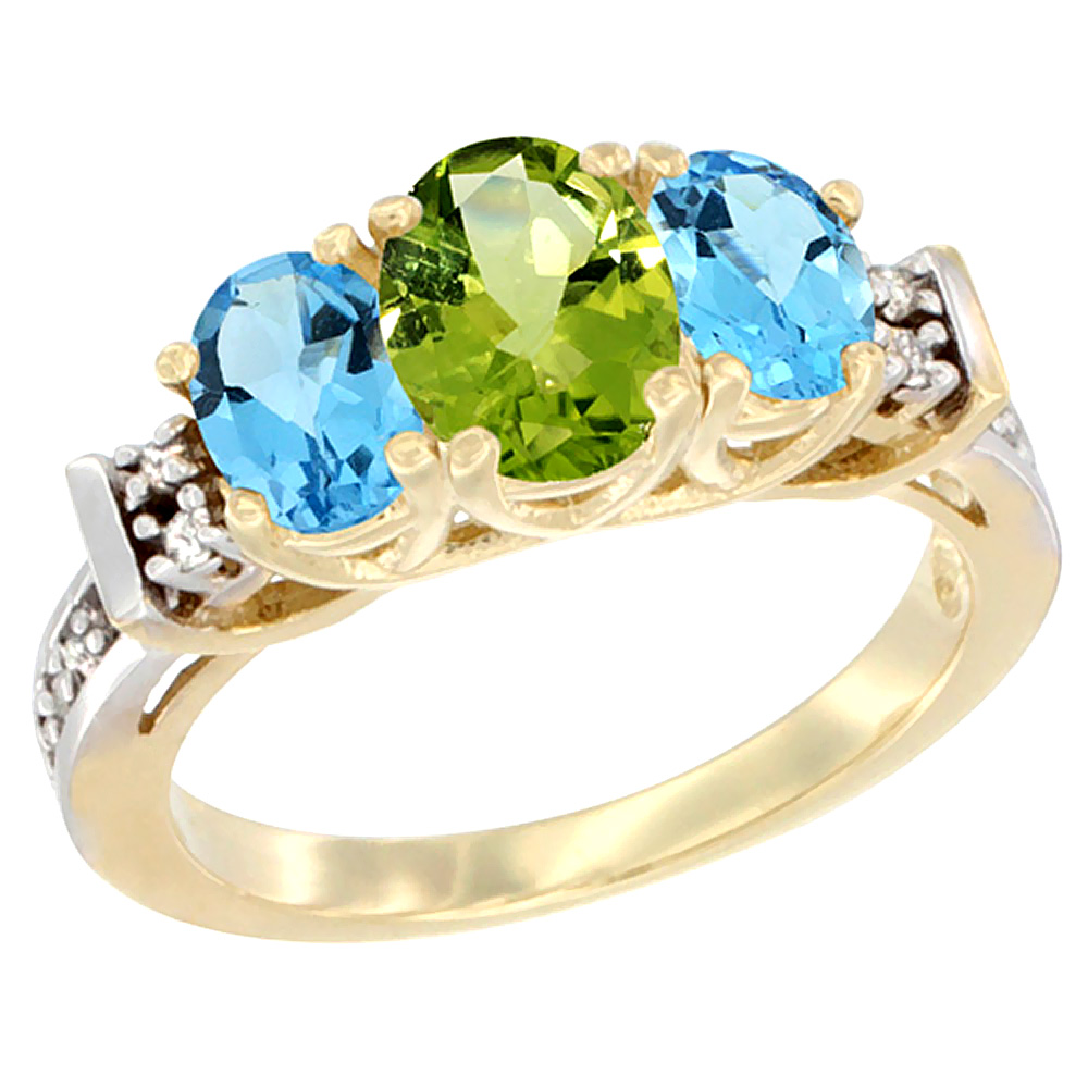 10K Yellow Gold Natural Peridot & Swiss Blue Topaz Ring 3-Stone Oval Diamond Accent