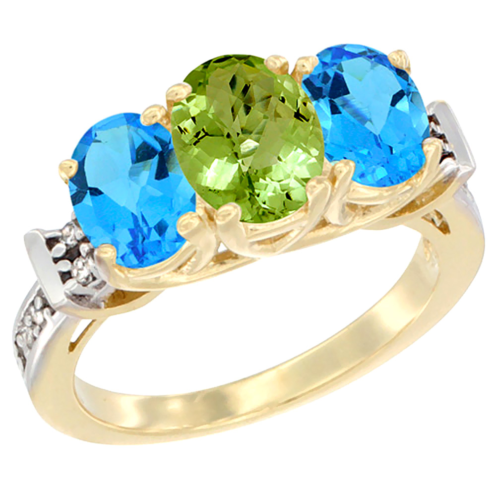 14K Yellow Gold Natural Peridot & Swiss Blue Topaz Sides Ring 3-Stone Oval Diamond Accent, sizes 5 - 10