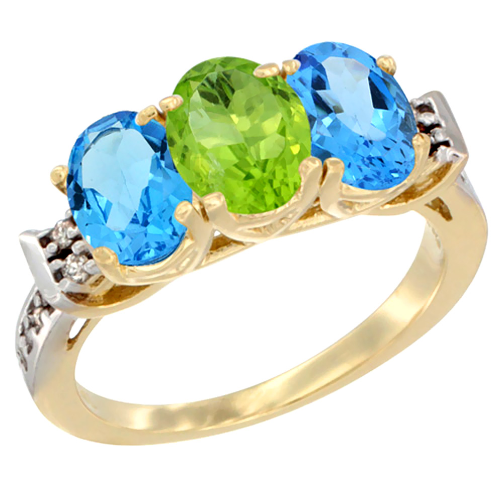 10K Yellow Gold Natural Peridot & Swiss Blue Topaz Sides Ring 3-Stone Oval 7x5 mm Diamond Accent, sizes 5 - 10