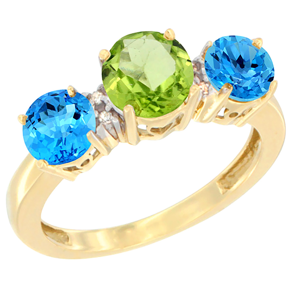 14K Yellow Gold Round 3-Stone Natural Peridot Ring & Swiss Blue Topaz Sides Diamond Accent, sizes 5 - 10