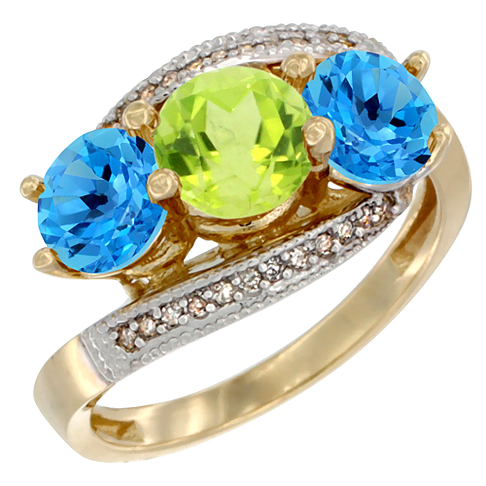 14K Yellow Gold Natural Peridot &amp; Swiss Blue Topaz Sides 3 stone Ring Round 6mm Diamond Accent, sizes 5 - 10